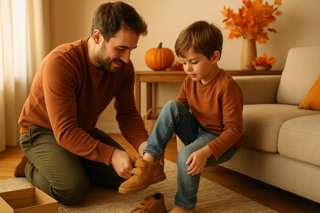 Pare ayudando niño ponerse zapatos respetuosos