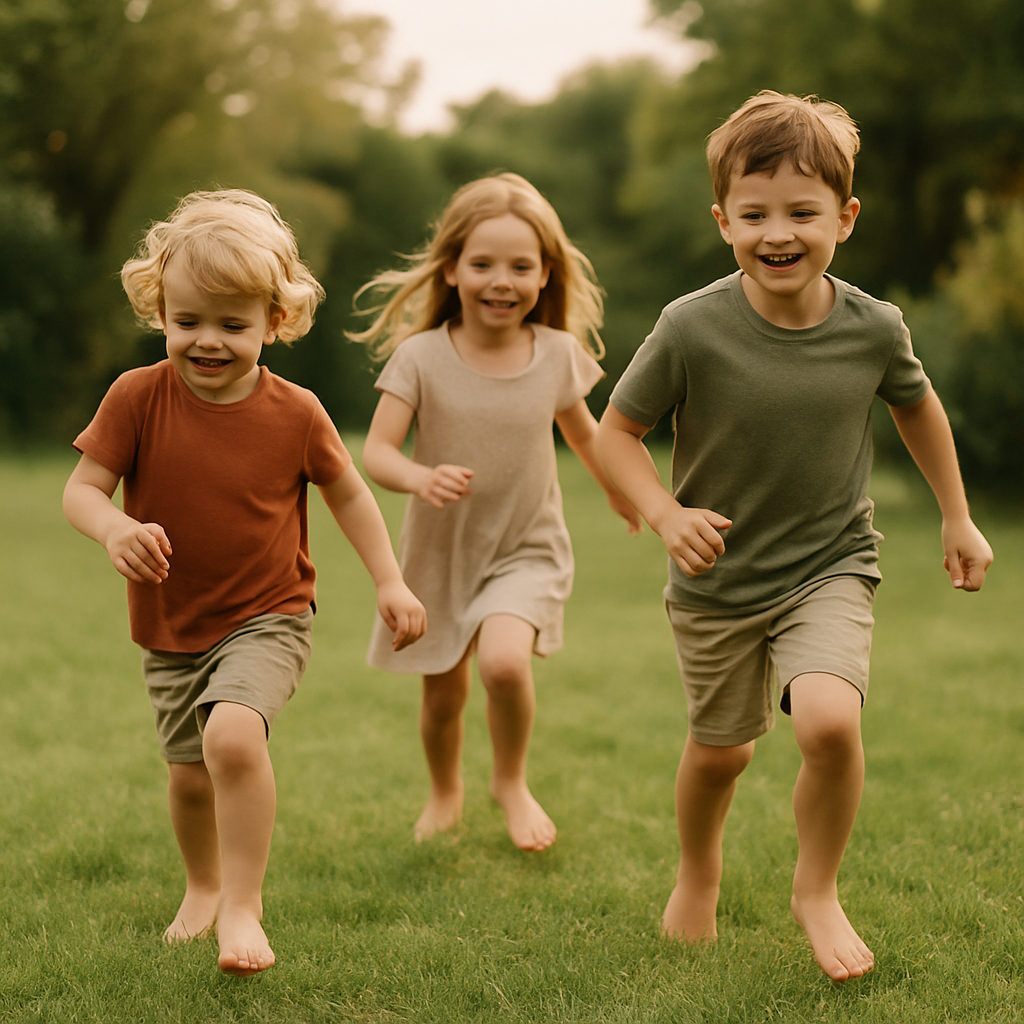 Niños jugando descalzos en el césped